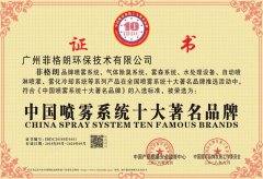 中国喷雾系统十大著名品牌证书